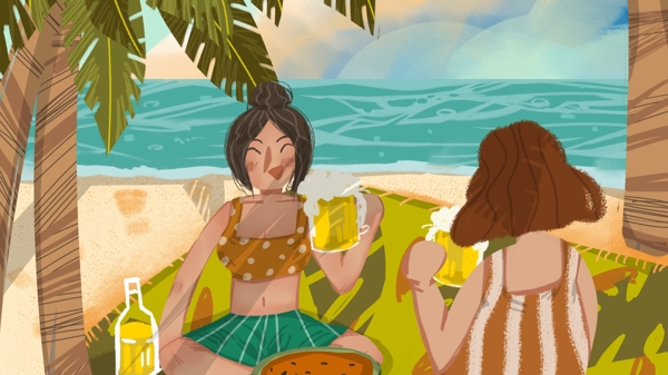入伏海滩海边啤酒椰树西瓜原创手绘插画