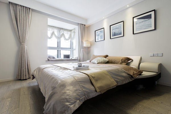 现代时尚简约卧室银色窗帘室内装修效果图