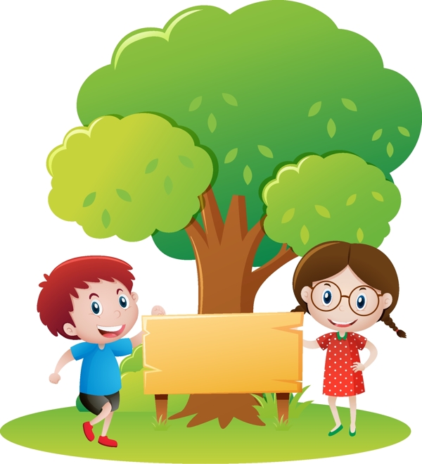卡通儿童节在树下钉牌子的孩子