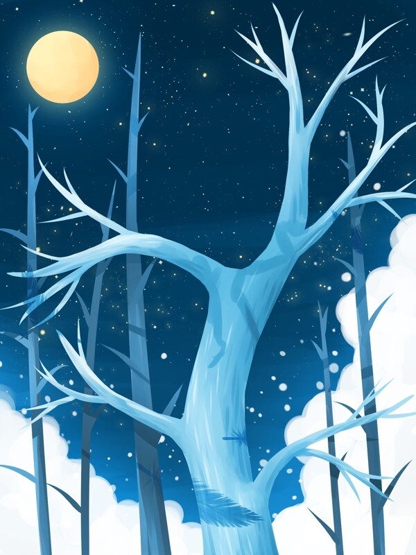 淡蓝色夜晚树林风景