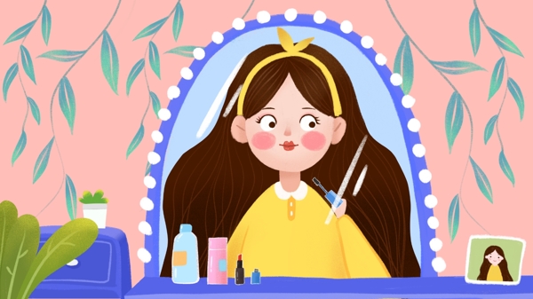 化妆镜中化妆的女生卡通背景