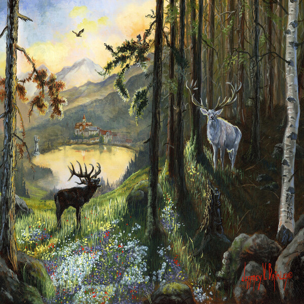 树林动物风景油画