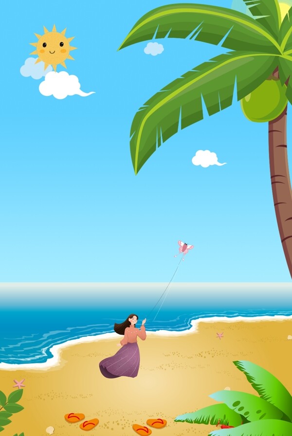 卡通风海滩放风筝的女孩背景