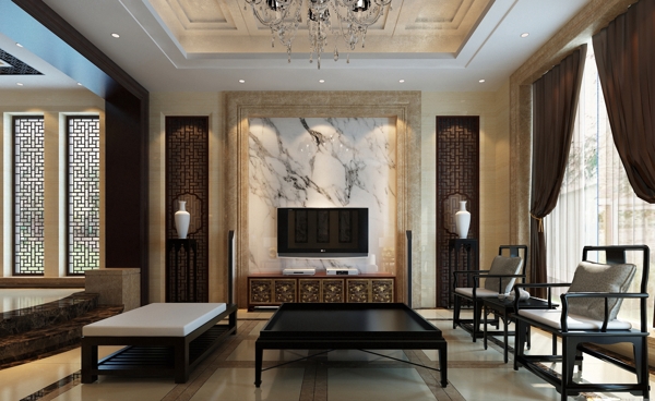 现代高级客厅瓷砖地板室内装修效果图