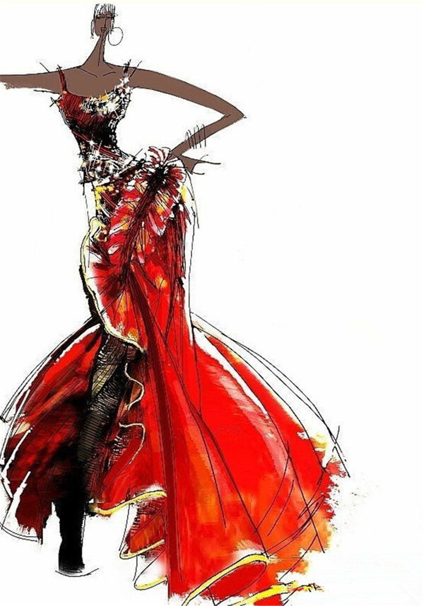 红色吊带长裙设计图