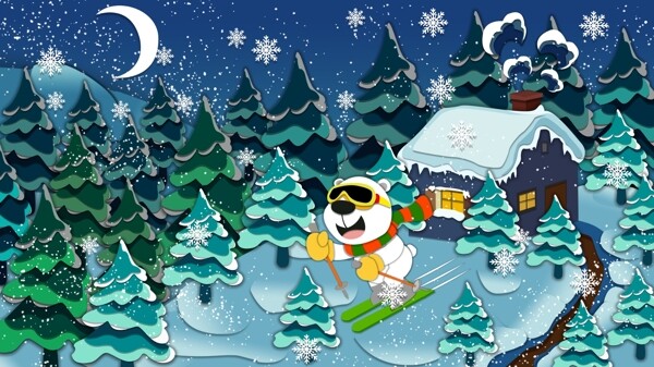 剪纸风小熊在大山上滑雪插画