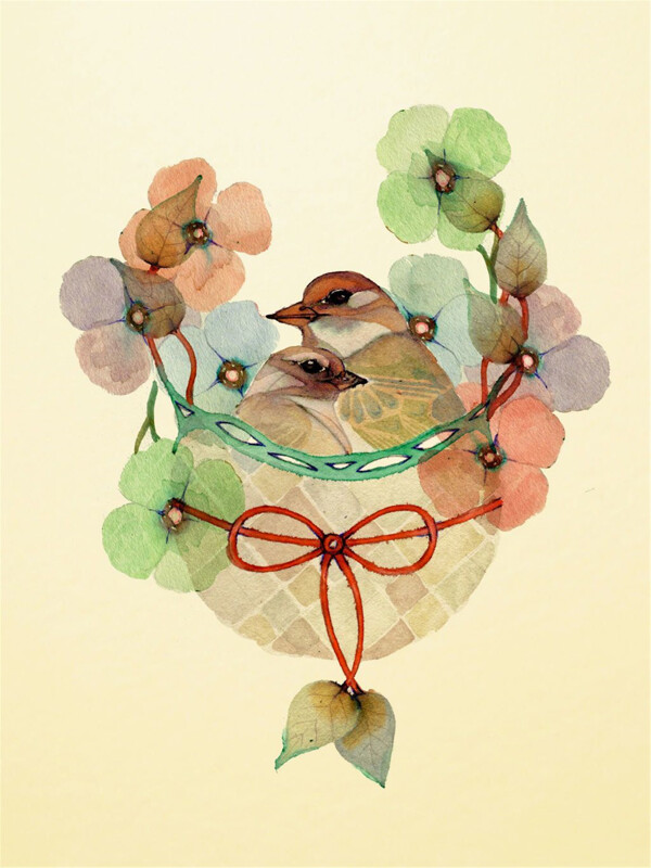 水彩花环上的小鸟插画