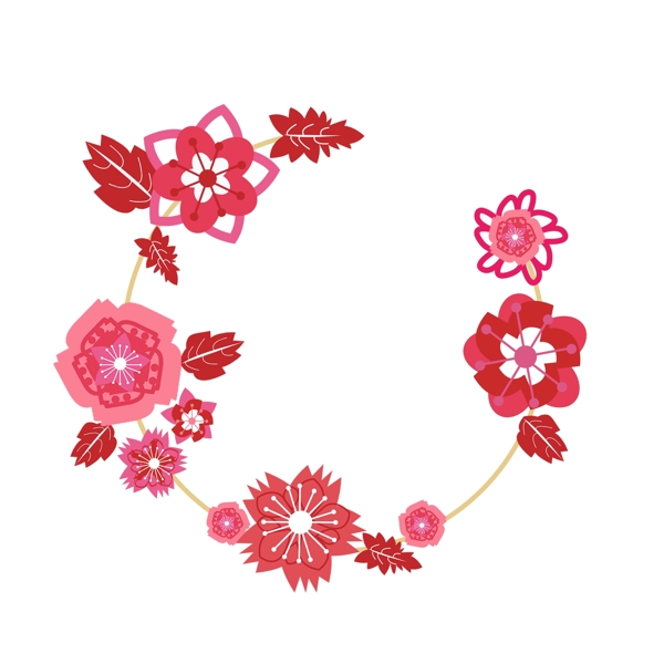 粉色红色剪纸樱花图案樱花树叶花环边框