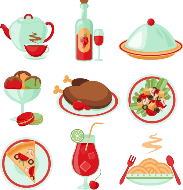 餐厅的食物饮料菜单图标设置隔离矢量插画装饰