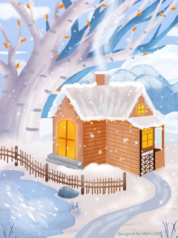 原创冬季房前下雪唯美风景肌理插画