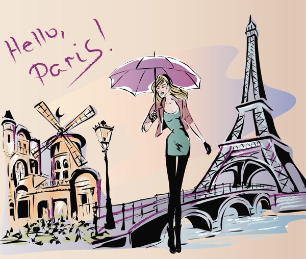 手绘女孩与巴黎风景插画矢量素材下载