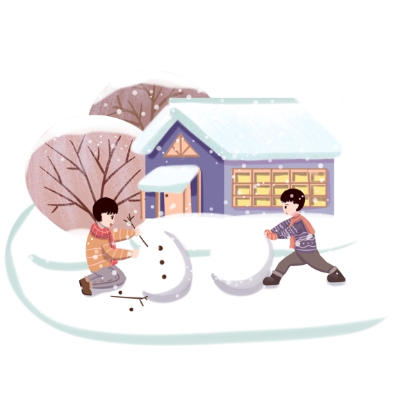 冬季雪景小孩堆雪人手绘插画