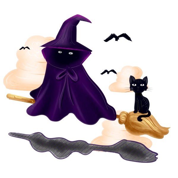 商用手绘节日万圣节人物巫婆黑猫恐怖元素