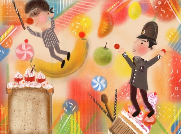可爱的甜点盗贼与警察原创手绘插画