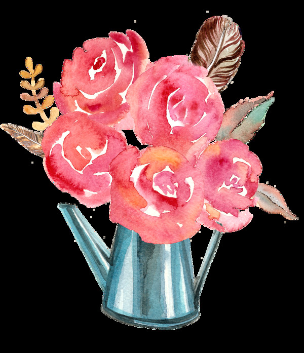 手绘水壶花朵元素