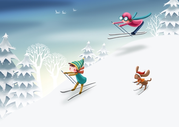 卡通雪景滑雪素材背景