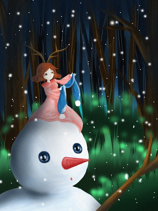 女孩和雪人迎接冬季治愈儿童插画