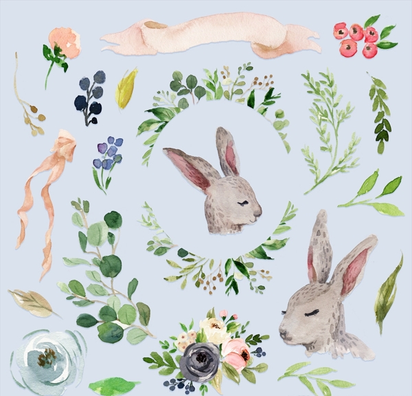 灰兔子水彩花卉图案