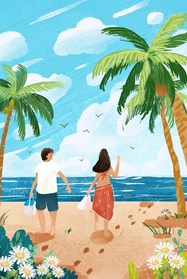 手绘卡通情侣在沙滩上玩耍背景