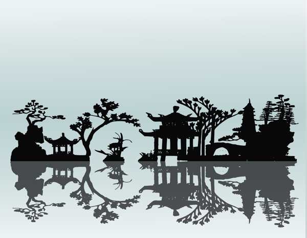 中国古典庭院式的剪影矢量素材