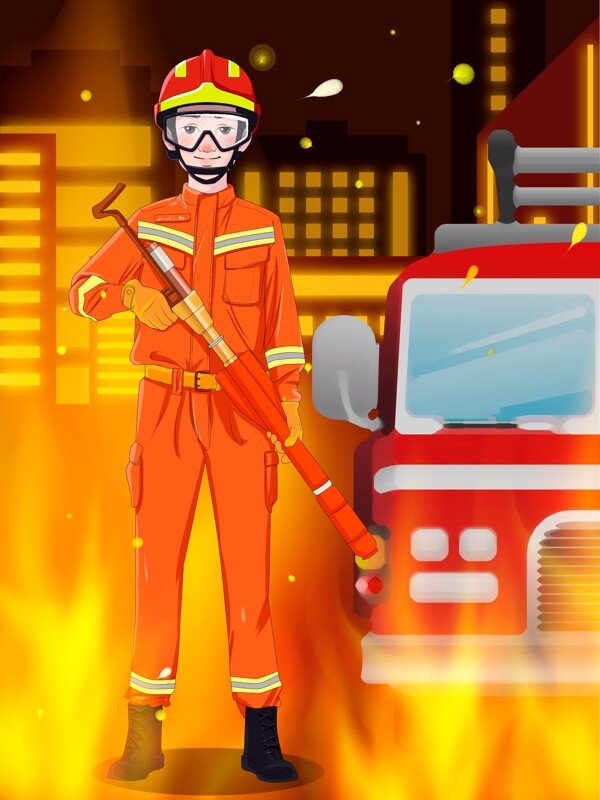 中国消防宣传日消防员救火小清新插画