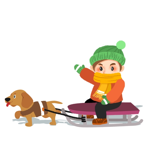 卡通手绘玩雪橇的小狗和小男孩
