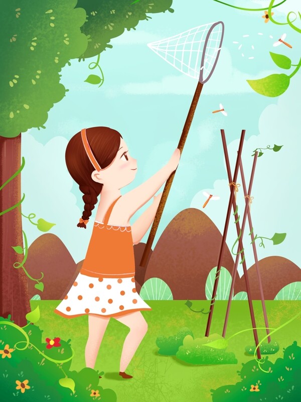 绿色夏至女孩捉蜻蜓夏天野营玩耍