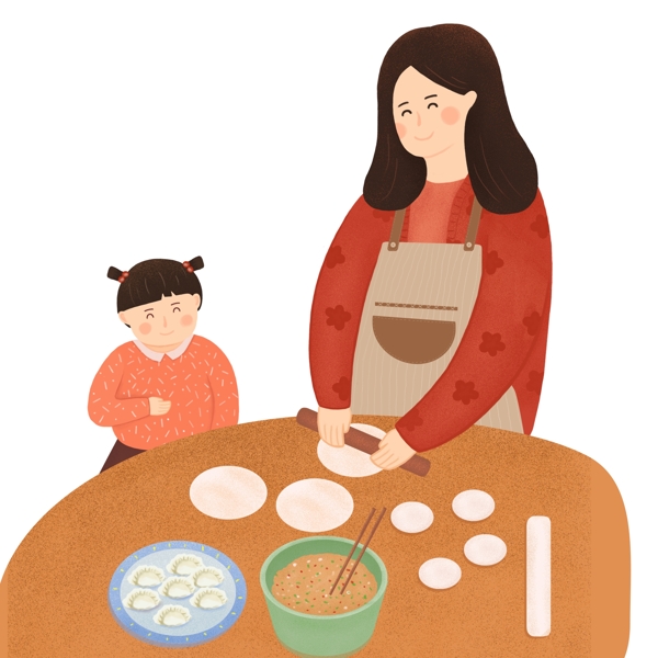 手绘过年包饺子的母女俩