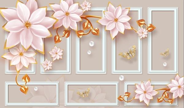 现代奢华粉色珠宝花朵金叶子浮雕