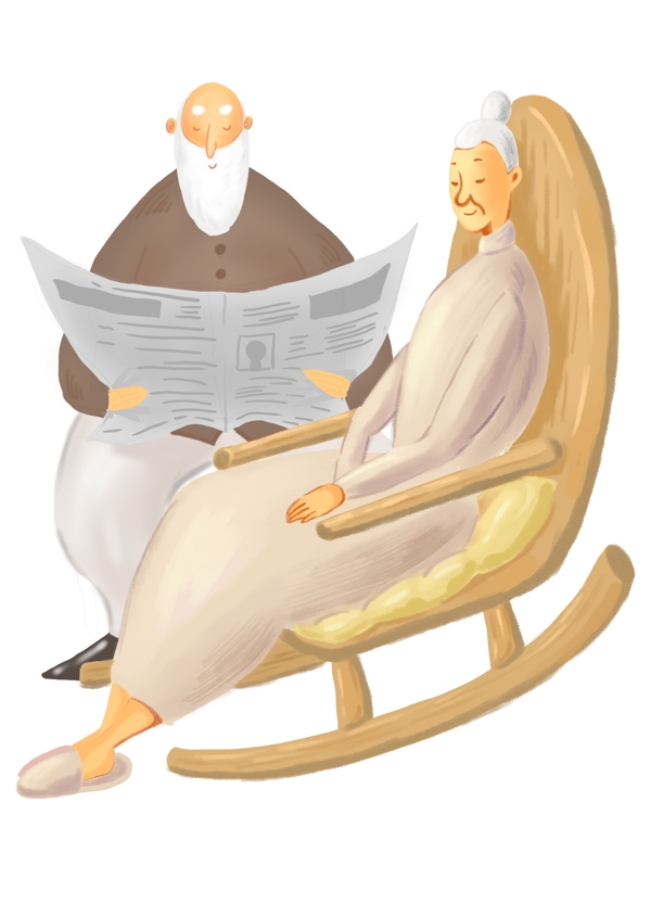 欧美风躺椅上的老绅士和老奶奶卡通插画