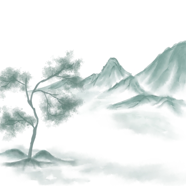 中国风山水水墨高山流水树木