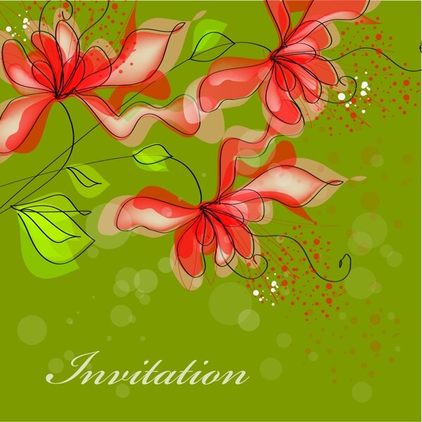 红色和绿色的花卉插图背景