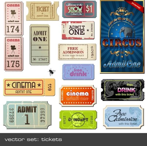 老式的电影票的标签向量集