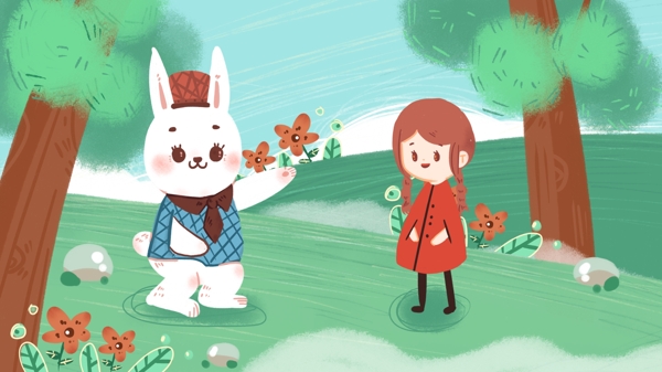 梦游仙境兔子小女孩可爱卡通夏天手绘插画