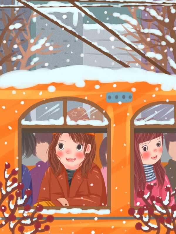 冬天你好有轨电车上向外看雪的人们扁平插画