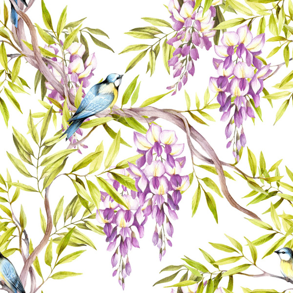 紫花枝条小鸟图片