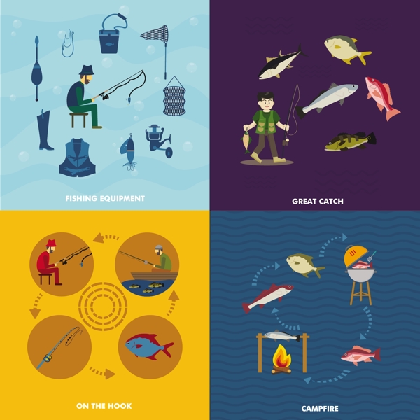 钓鱼概念向量插图与各种活动自由向量