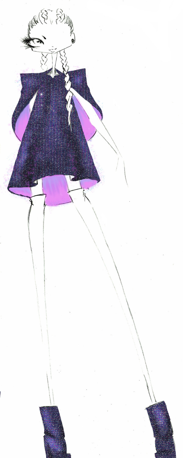 紫色连斗篷连衣裙效果图