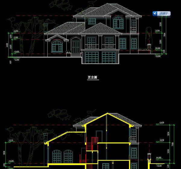 单体别墅立面剖面