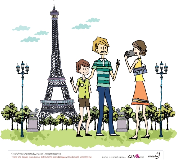 游览巴黎的幸福家庭