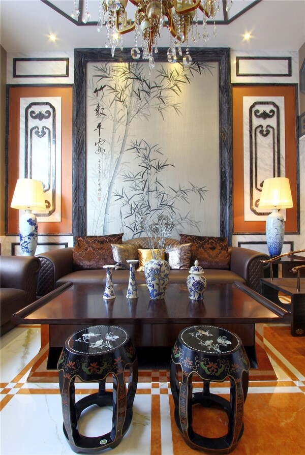 古典中式风室内设计客厅背景墙效果图JPG源文件