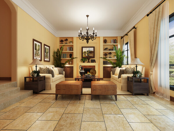美式清新客厅浅褐色方形凳室内装修效果图