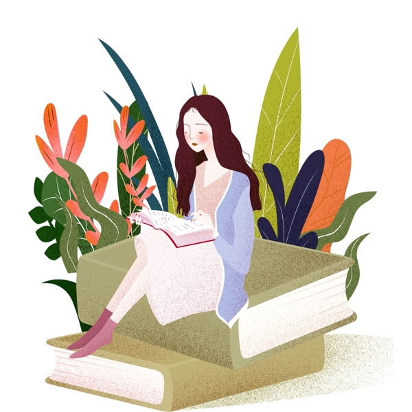 缤纷色彩女生坐在书上看书教育类型肌理插画
