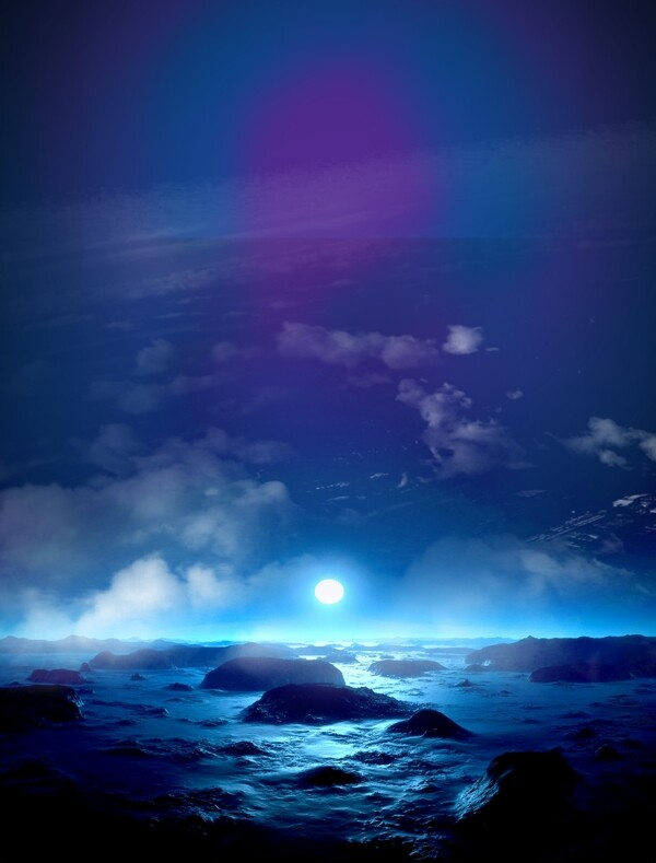 夜晚河边礁石月亮夜空风景装饰画