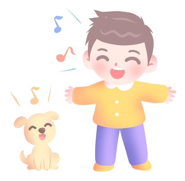 小朋友和小狗唱歌