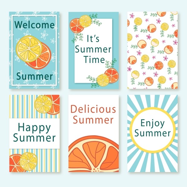 6款彩绘夏季柠檬片卡片矢量图