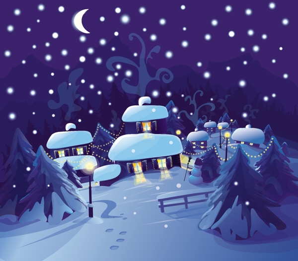 冬天夜晚房子卡通风景矢量素材