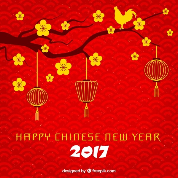 红色幸福的中国新年背景与枝金花