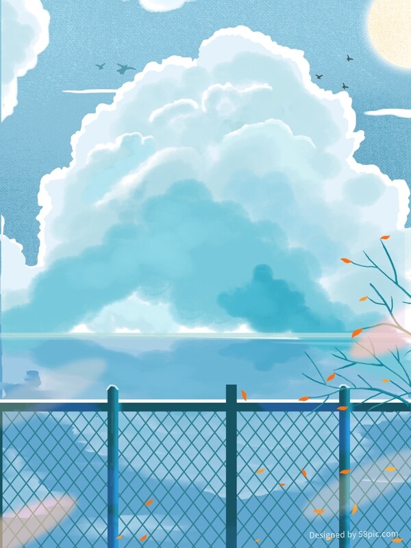 彩绘蓝色白云湖面栅栏背景设计