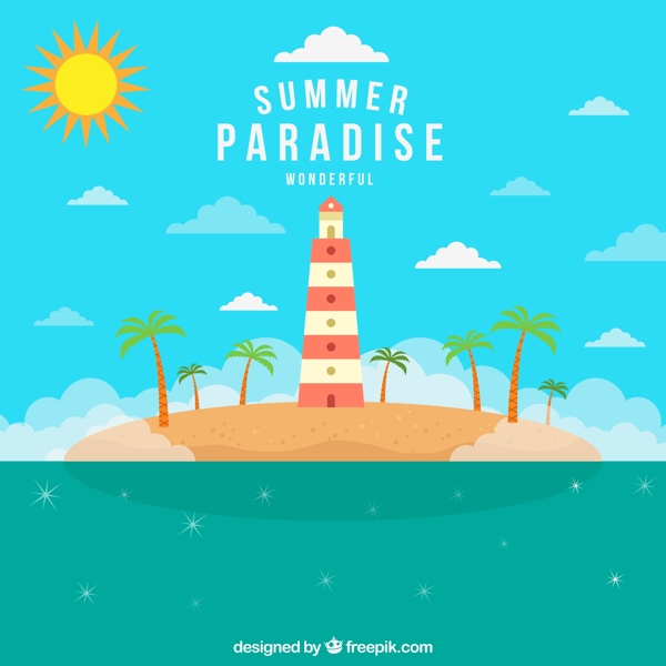 夏季度假天堂灯塔和椰子树插画矢量素材